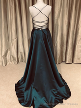 A Line V Neck Backless Dark Green Long Prom Dresses